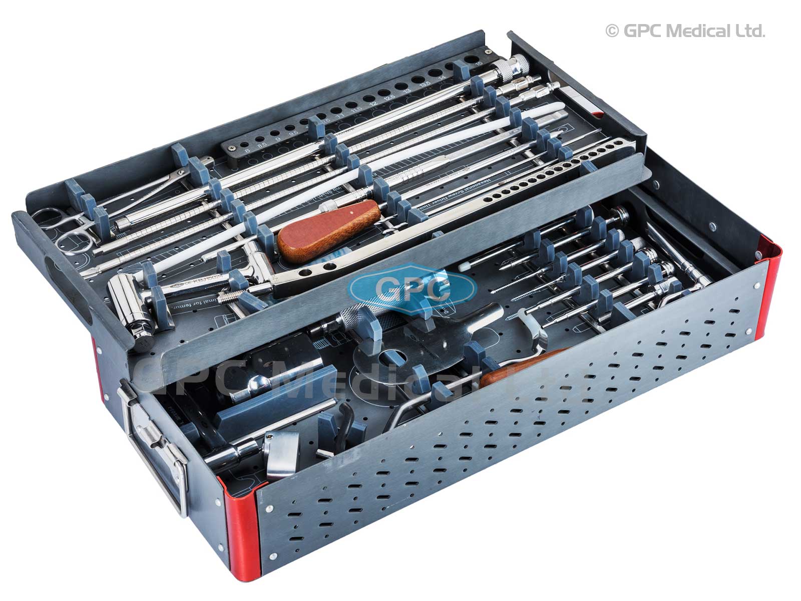 Boîte d'instruments pour clous tibiaux verrouillés, illustrée